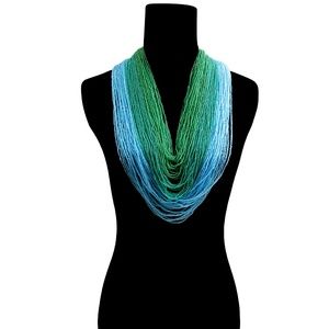Blue and Green Long Layered Seed Bead Necklace